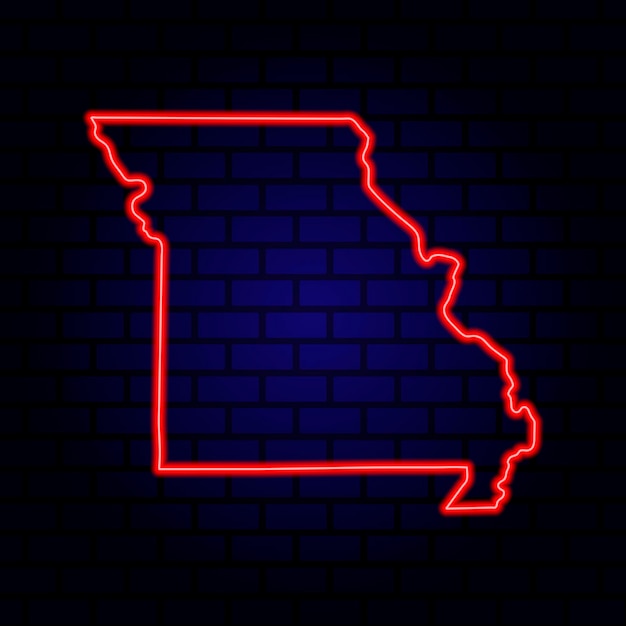 Mappa al neon dello Stato del Missouri sullo sfondo di un muro di mattoni