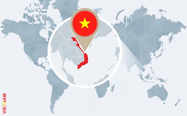 Mappa astratta del mondo blu con bandiera e mappa del Vietnam ingrandite Illustrazione vettoriale