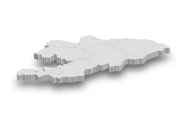 Mappa bianca del Kirghizistan 3d con regioni isolate