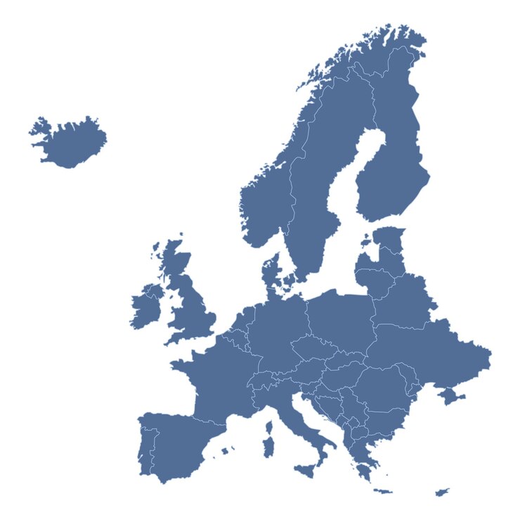 Mappa blu dell'Europa con i paesi schema per le presentazioni manifesti infografiche