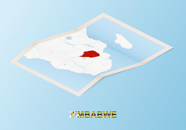 Mappa cartacea piegata dello Zimbabwe con i paesi vicini in stile isometrico.