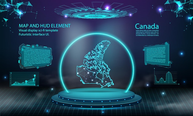 Mappa del Canada luce effetto di collegamento sfondo tecnologia digitale astratta UI GUI HUD futuristico Interfaccia virtuale con la mappa del Canada Palcoscenico podio futuristico nella nebbia