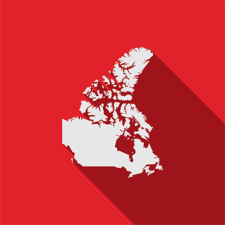 Vettore mappa del canada su sfondo rosso con una lunga ombra
