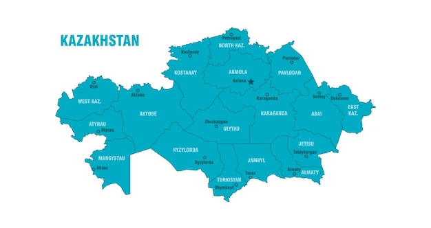 Mappa del Kazakistan I nomi della capitale del paese 17 regioni centri amministrativi in inglese