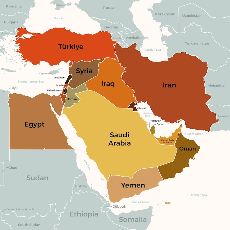 Vettore mappa del medio oriente con illustrazione di confine e vettori