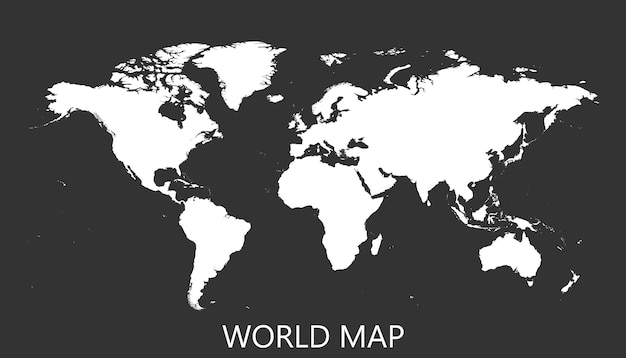 Mappa del mondo bianca vuota isolata su sfondo nero Modello vettoriale della mappa del mondo per la progettazione di infografiche del sito Web Illustrazione della mappa del mondo della terra piatta