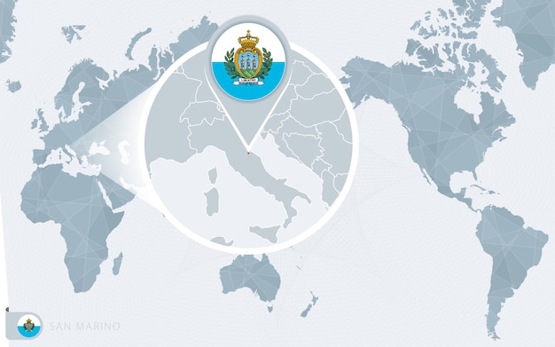 Mappa del mondo centrato sul Pacifico con San Marino ingrandito. Bandiera e mappa di San Marino.