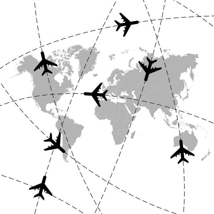 Vettore mappa del mondo con aeroplani