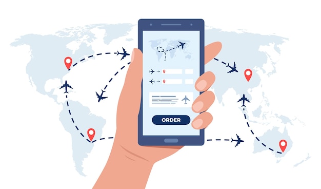 Mappa del mondo con telefono e applicazione mobile per ordinare i biglietti