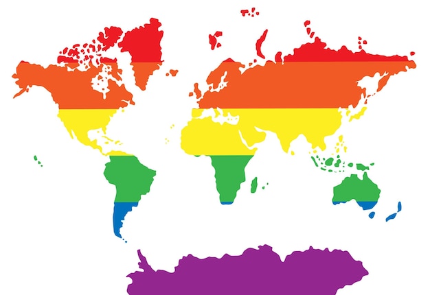 Mappa del mondo di bandiera arcobaleno piatto lgbt vettoriale