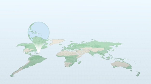 Mappa del mondo in prospettiva che mostra la posizione del paese Porto Rico con mappa dettagliata con bandiera di Porto Rico