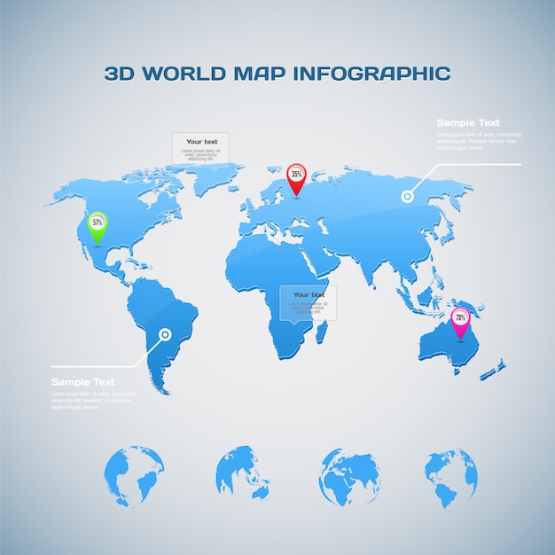 Mappa del mondo infografica con icone del globo