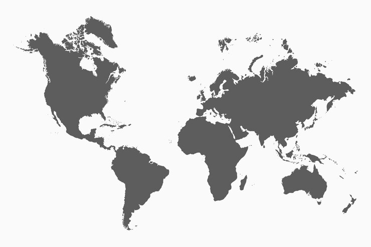 Mappa del mondo. Modello monocromatico grigio. Illustrazione vettoriale.