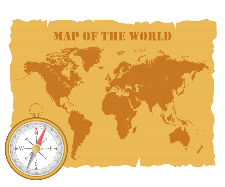 Vettore mappa del mondo vintage e bussola magnetica. illustrazione.