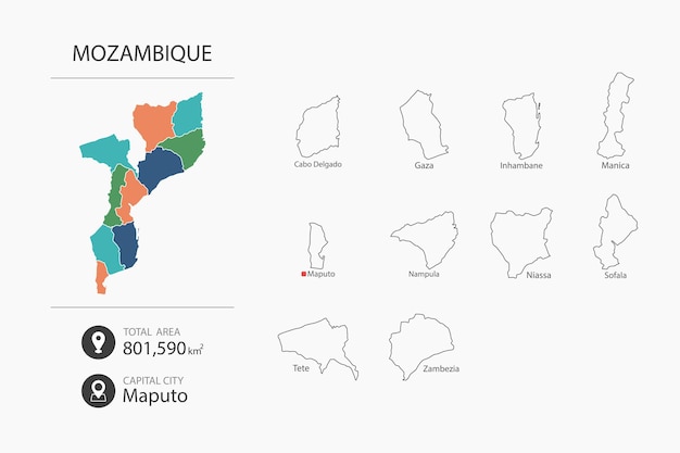 Mappa del Mozambico con mappa dettagliata del paese Elementi della mappa delle aree totali delle città e della capitale