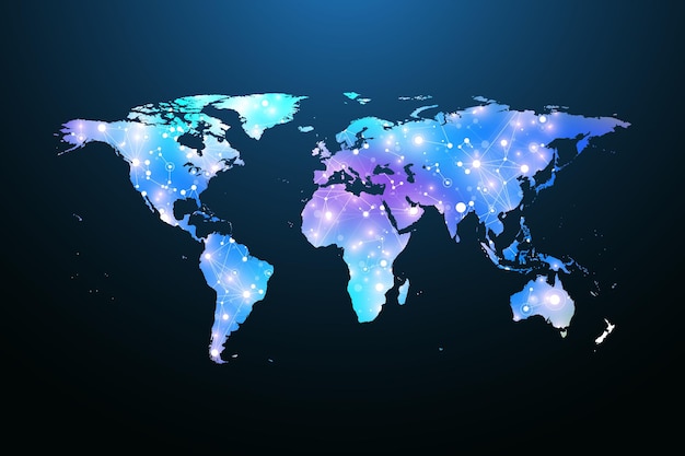 Mappa del pianeta. Rete sociale globale. Fondo geometrico di galleggiamento del plesso blu. Internet e tecnologia. Illustrazione vettoriale.
