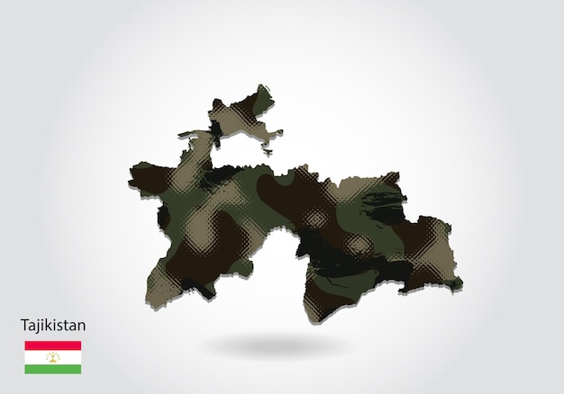 Mappa del Tagikistan con motivo mimetico Texture verde foresta nella mappa Concetto militare per il soldato dell'esercito e la bandiera dello stemma di guerra