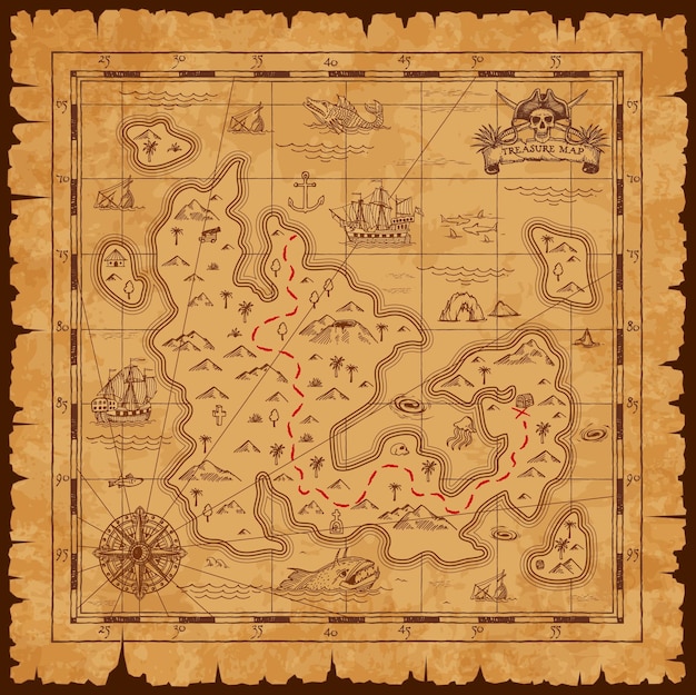 Mappa del tesoro pirata d'epoca vettoriale pergamena usurata
