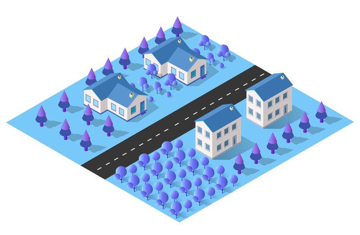 Vettore mappa dell'area urbana della città architettura dell'illustrazione 3d dei veicoli isometrici
