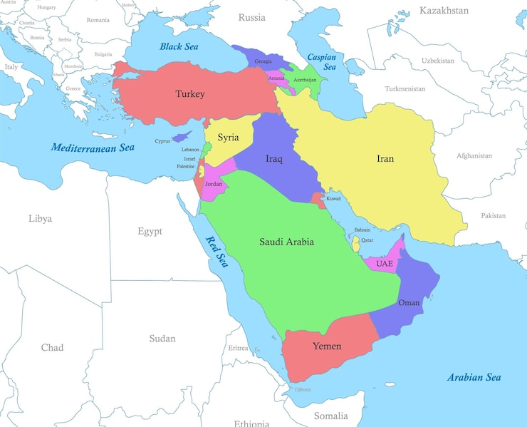Vettore mappa dell'asia occidentale con i confini degli stati