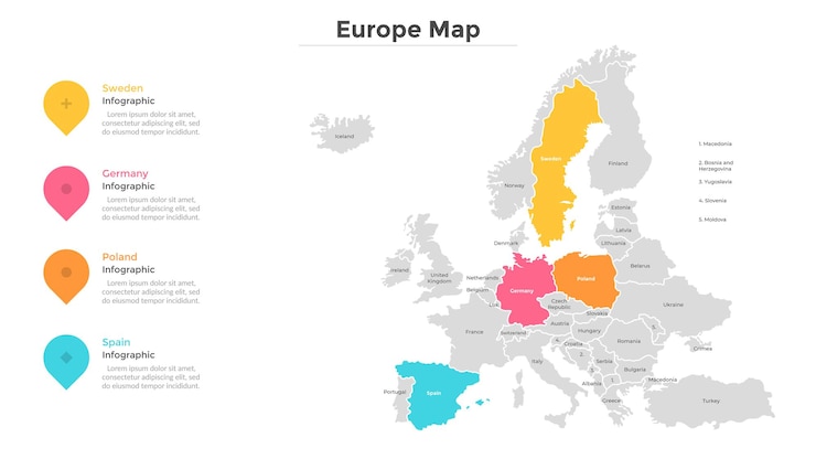 Mappa dell'Europa o dell'Unione europea divisa in stati o paesi con confini moderni. Indicazione località turistica. Modello di progettazione infografica. Illustrazione vettoriale per presentazione, brochure, sito web.