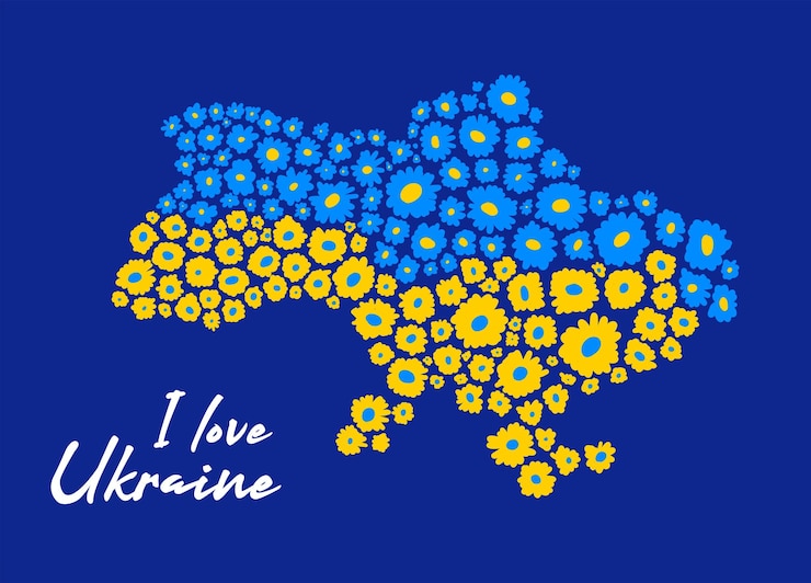 Vettore mappa dell'ucraina contorno della mappa sotto forma di fiori gialli e blu disegno cartone animato