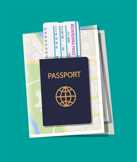 Mappa della città, carta d'imbarco e passaporto piegati