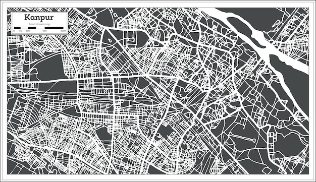 Mappa della città di Kanpur India in stile retrò. Mappa di contorno. Illustrazione di vettore.