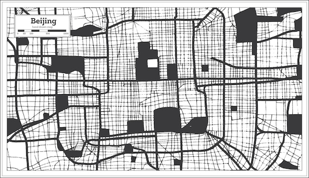 Mappa della città di Pechino Cina in bianco e nero in stile retrò. Mappa di contorno. Illustrazione vettoriale.