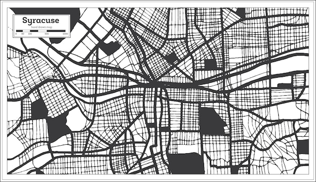 Mappa della città di Siracusa negli Stati Uniti in colore bianco e nero in una mappa di contorno in stile retrò