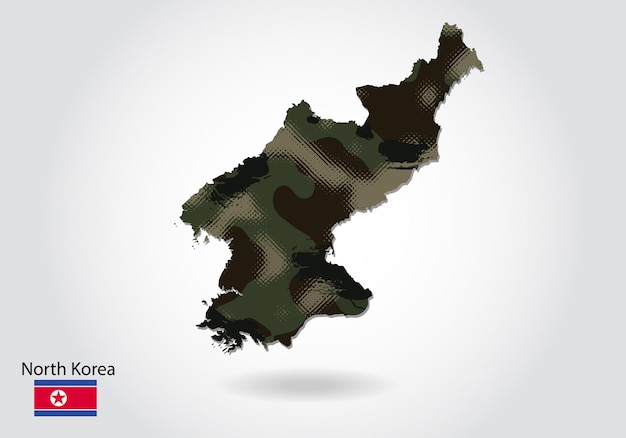 Mappa della Corea del Nord con motivo mimetico Texture verde foresta nella mappa Concetto militare per il soldato dell'esercito e la bandiera dello stemma di guerra