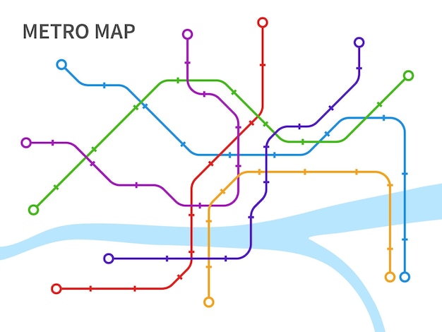 Mappa della metropolitana. Schema ferroviario urbano di trasporto sotterraneo e di superficie, rete di trasporto pubblico della città di collegamento di piano grafico, ferrovie colorate e illustrazione vettoriale isolato diagramma di stazioni