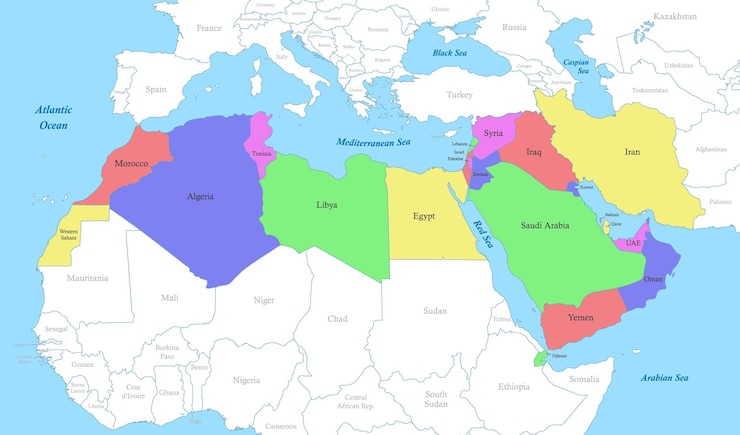 Vettore mappa della regione mena con i confini degli stati