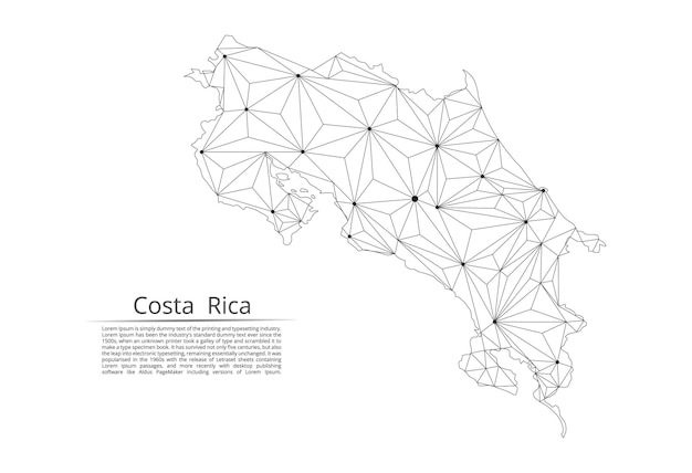 Mappa della rete di comunicazione del Costa Rica Immagine vettoriale low poly di una mappa globale con luci a forma di città