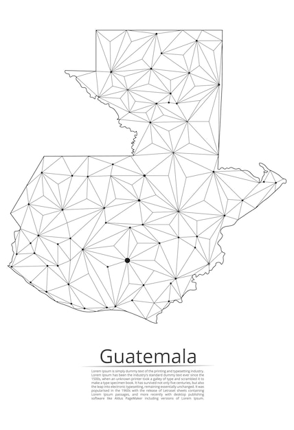 Mappa della rete di comunicazione del Guatemala Immagine vettoriale lowpoly di una mappa globale con luci a forma di città