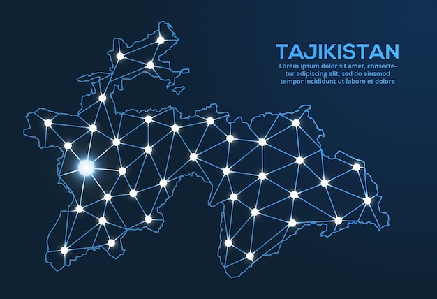 Mappa della rete di comunicazione del Tagikistan Immagine vettoriale low poly di una mappa globale con luci a forma di città Mappa a forma di costellazione muta e stelle