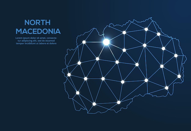 Mappa della rete di comunicazione della Macedonia del Nord Immagine vettoriale low poly di una mappa globale con luci a forma di città Mappa a forma di costellazione muta e stelle