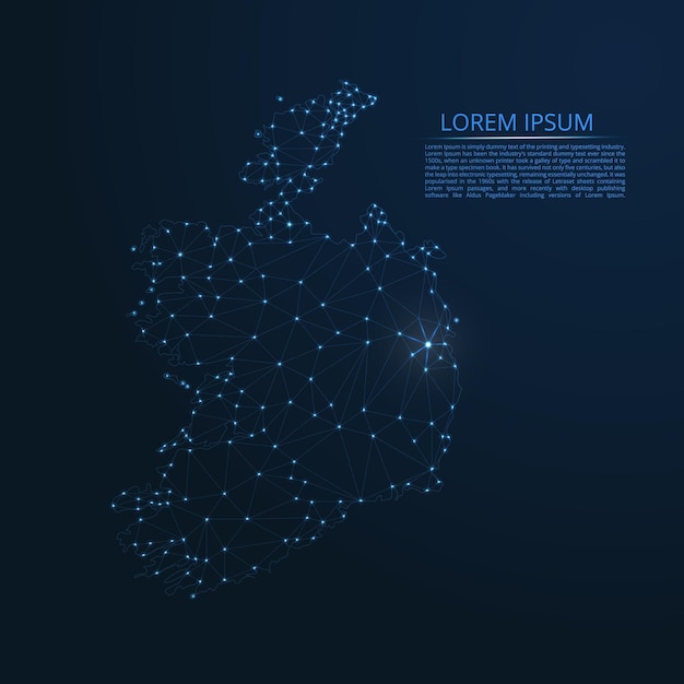 Mappa della rete di comunicazione della Repubblica d'Irlanda Immagine vettoriale low poly di una mappa globale con luci