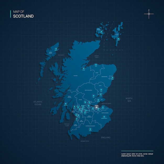 Mappa della Scozia con punti luce al neon blu
