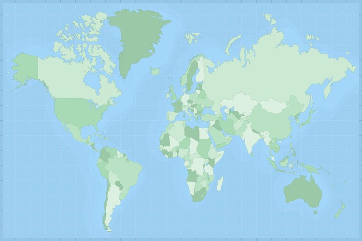 Vettore mappa dettagliata del mondo in tonalità verdi. mappa del mondo vettoriale.