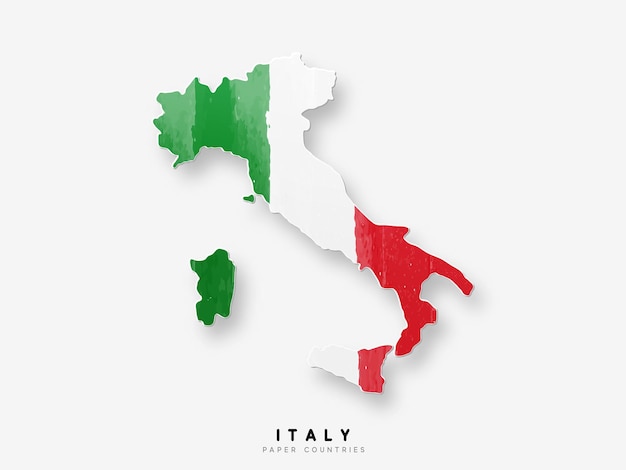 Mappa dettagliata dell'Italia con la bandiera del paese. Dipinto con colori ad acquerello nella bandiera nazionale.