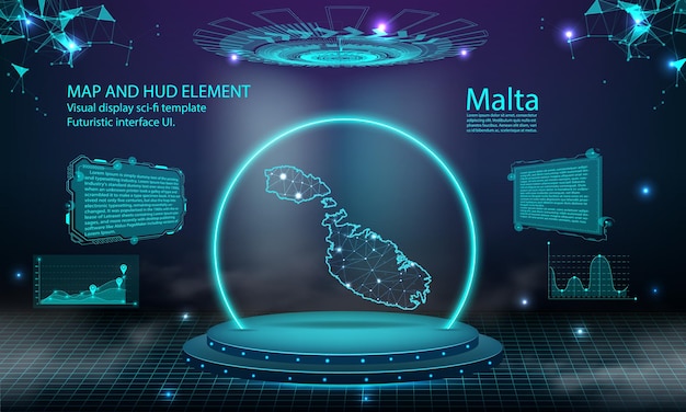 Mappa di Malta luce effetto di collegamento sfondo astratto tecnologia digitale UI GUI HUD futuristico Interfaccia virtuale con mappa di Malta Palco podio futuristico nella nebbia