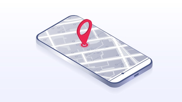 Mappa di navigazione GPS Applicazione mappa smartphone e punto rosso sullo schermo Navigazione mappa ricerca app isolata su sfondo mappe linea vettore isometrico