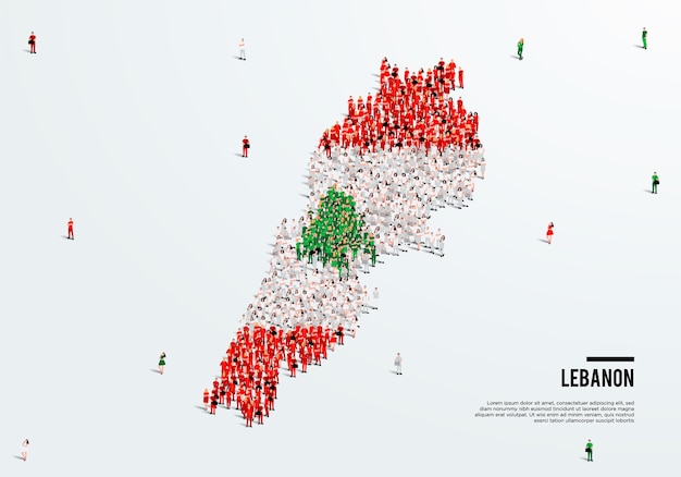 Mappa e bandiera del Libano. Un folto gruppo di persone in forma di colore della bandiera libanese per creare la mappa.