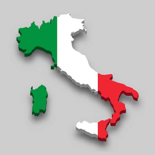 Mappa isometrica 3D dell'Italia con bandiera nazionale.