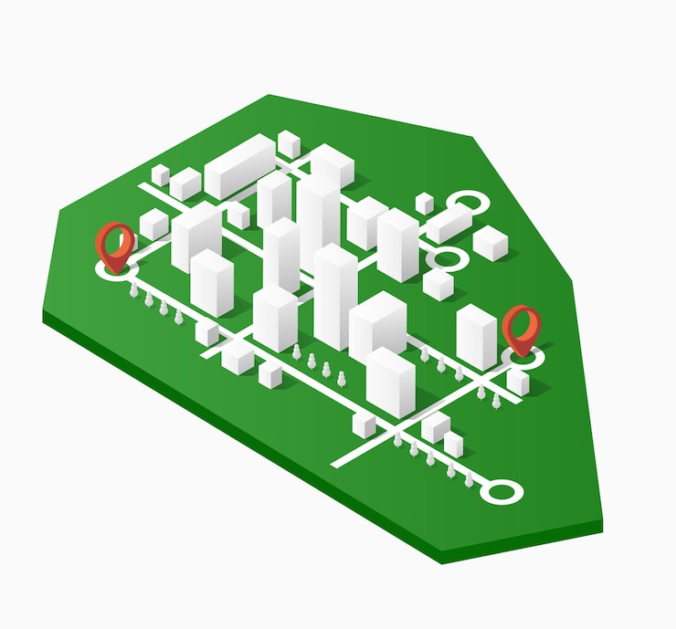 Vettore mappa isometrica della città, composta dal puntatore del blocco dei grattacieli della città e dalle indicazioni stradali