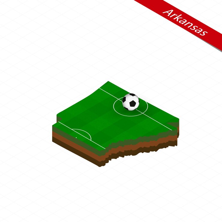 Vettore mappa isometrica dello stato americano dell'arkansas con campo da calcio pallone da calcio al centro del campo da calcio illustrazione vettoriale di calcio