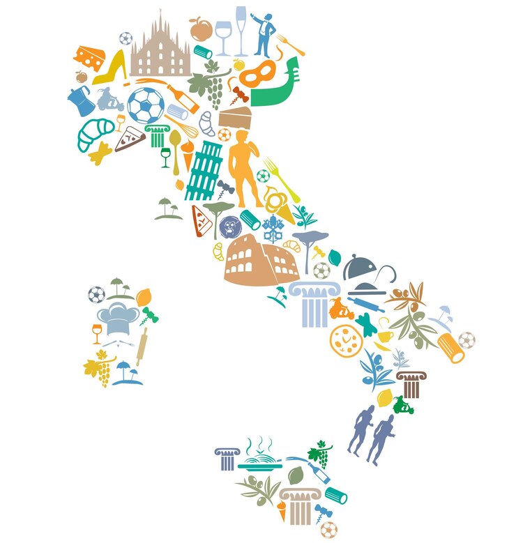 Vettore mappa italiana con set di simboli a silhouette