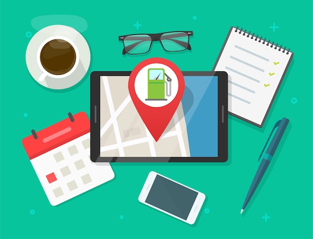 Mappa online e app di navigazione per stazioni di rifornimento di benzina su tavoletta digitale, posizione della città di benzina