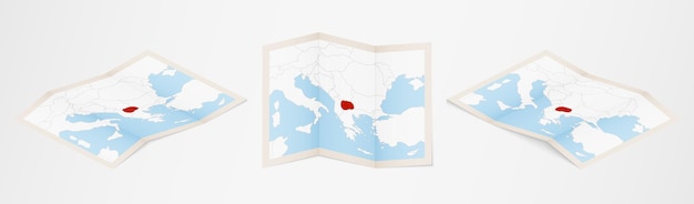 Mappa piegata della Macedonia in tre diverse versioni.